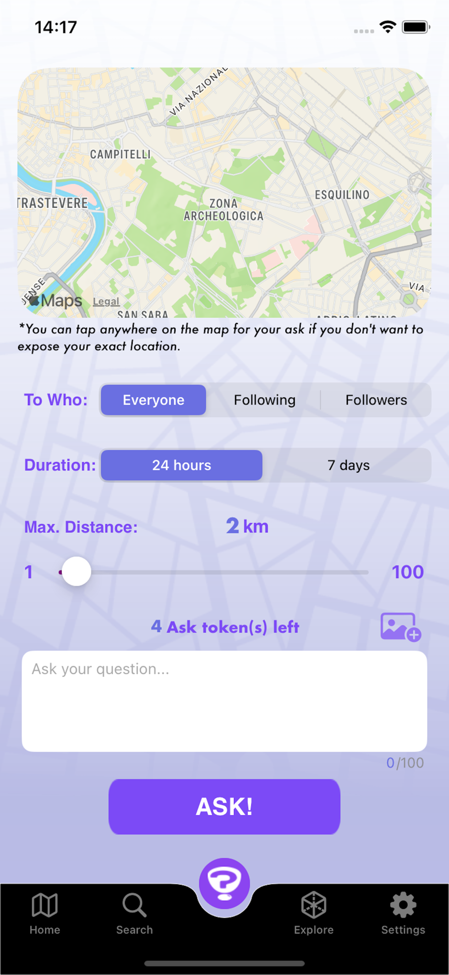 AskAll compose screen: audience, duration and maximum distance controls