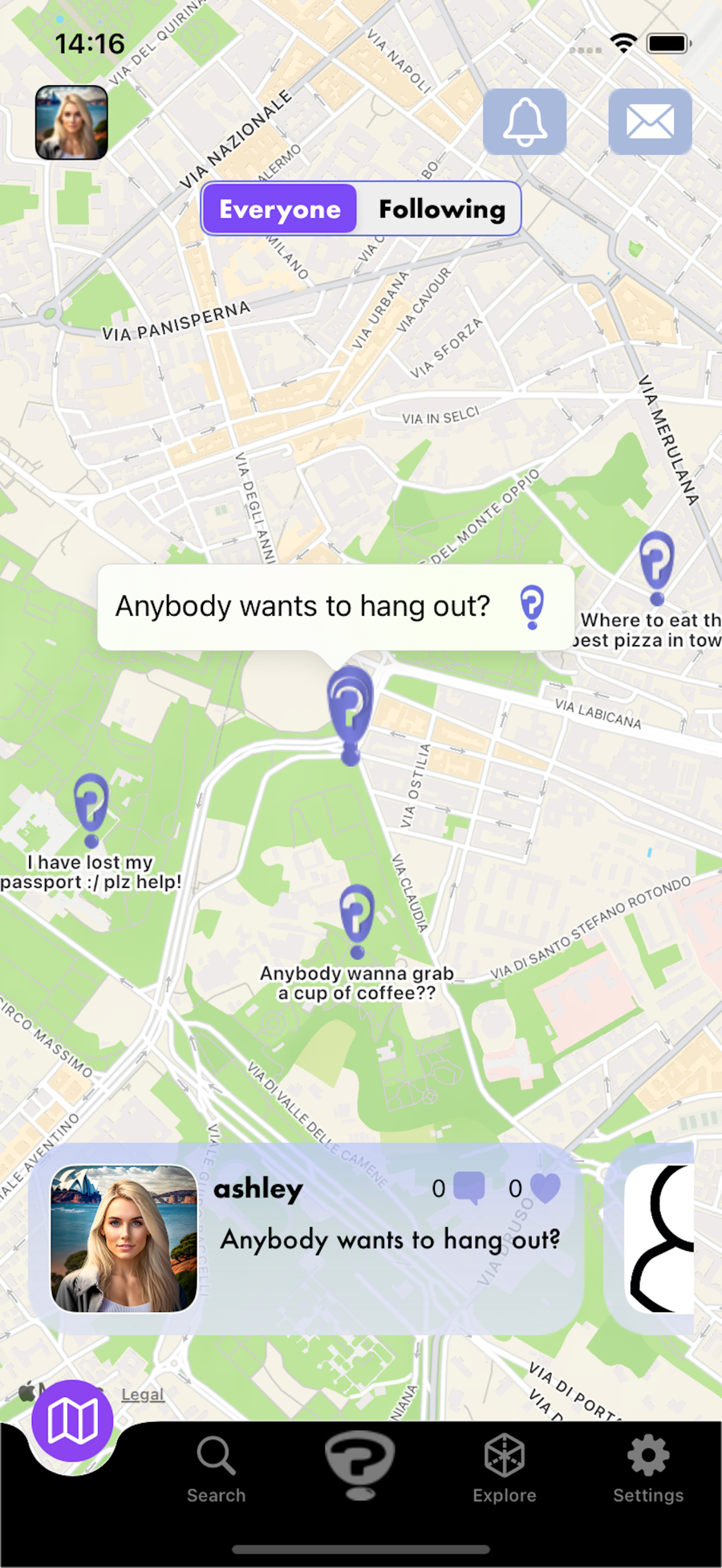 AskAll map screen: nearby questions shown as pins on the map